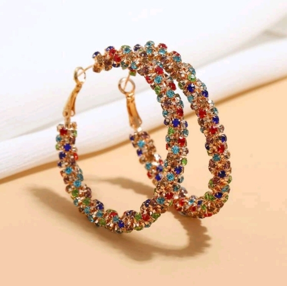 Colorful Rhinestone Hoop Earrings - Picture 2 of 7